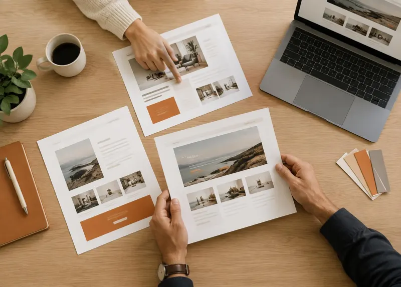 Reviewing printed website design layouts at a shared table