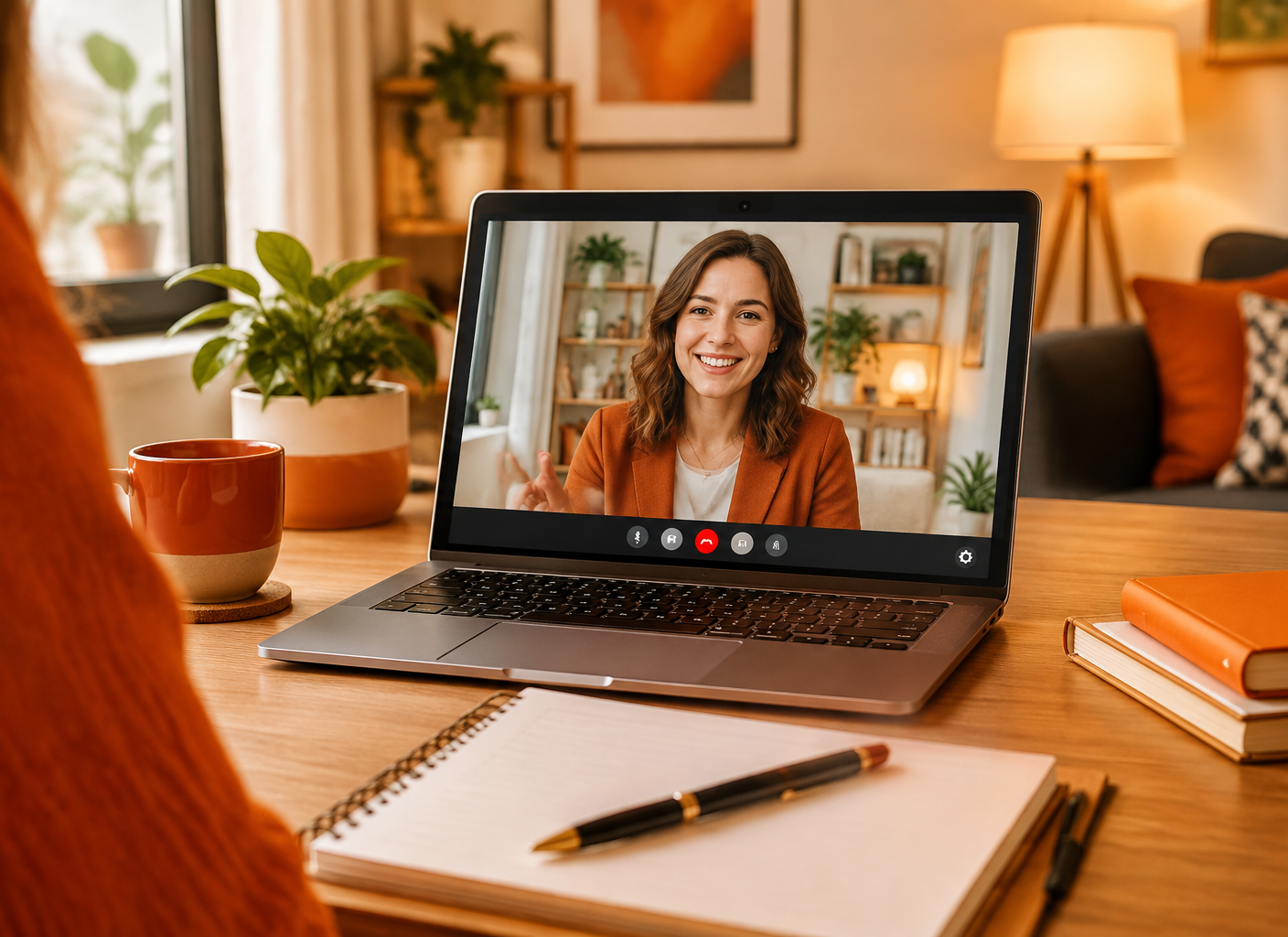 A friendly video consultation call on a laptop in a warm home office