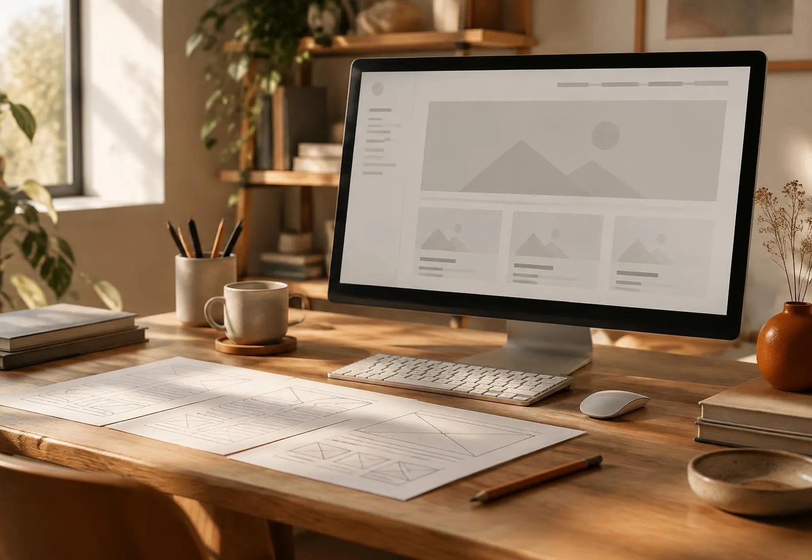 Designer's desk with website wireframe sketches and a monitor showing a clean page layout