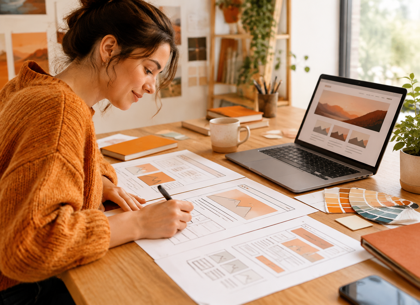 Designer sketching custom website layouts with colour palettes and a laptop in a warm studio