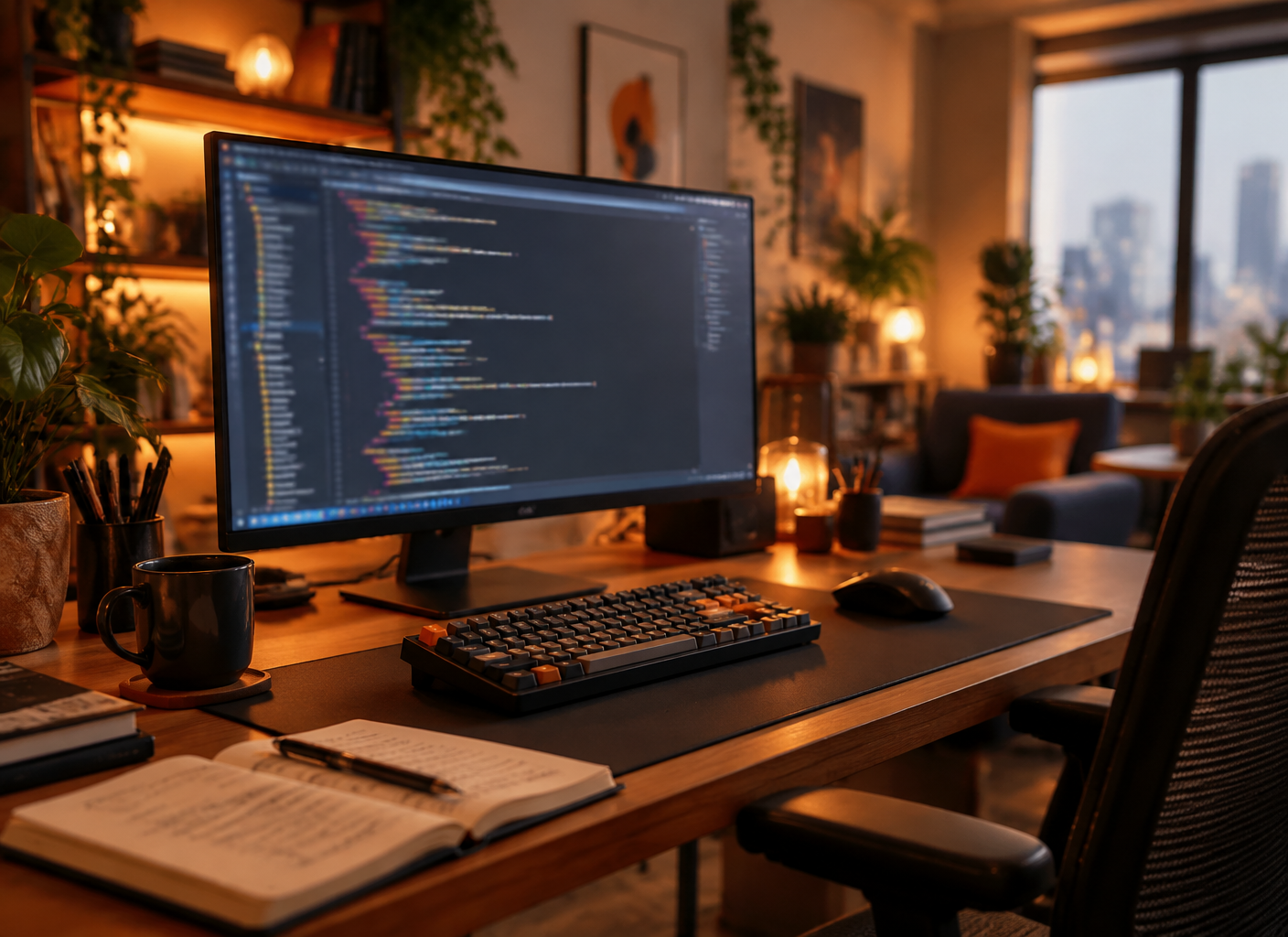 Developer workspace with code on a large monitor in a warm, modern office