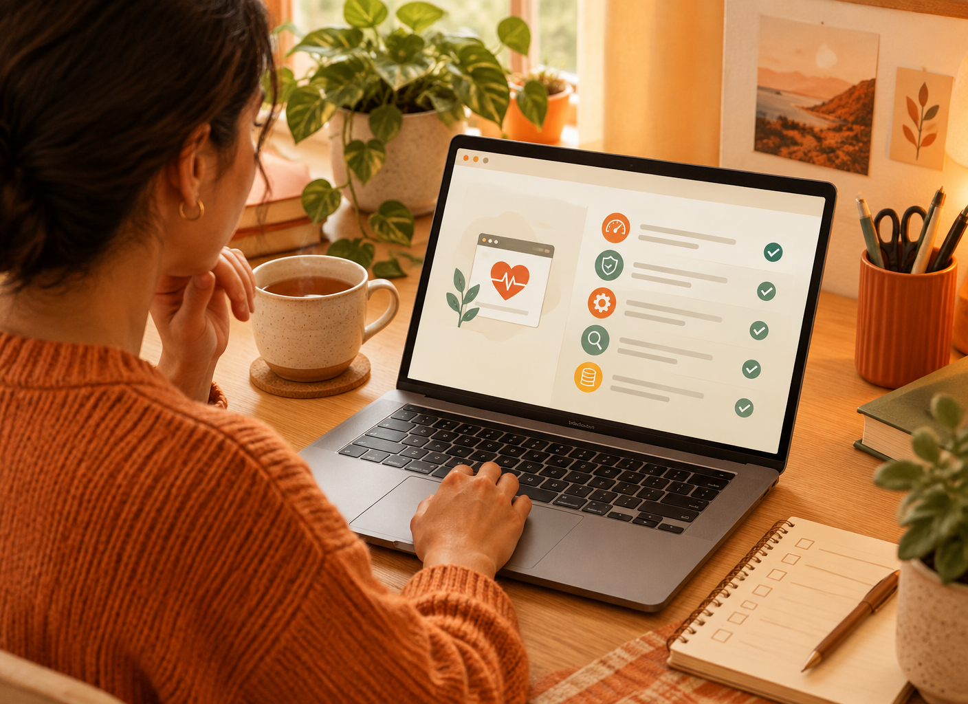 Person calmly reviewing a website health checklist on a laptop with a cup of tea