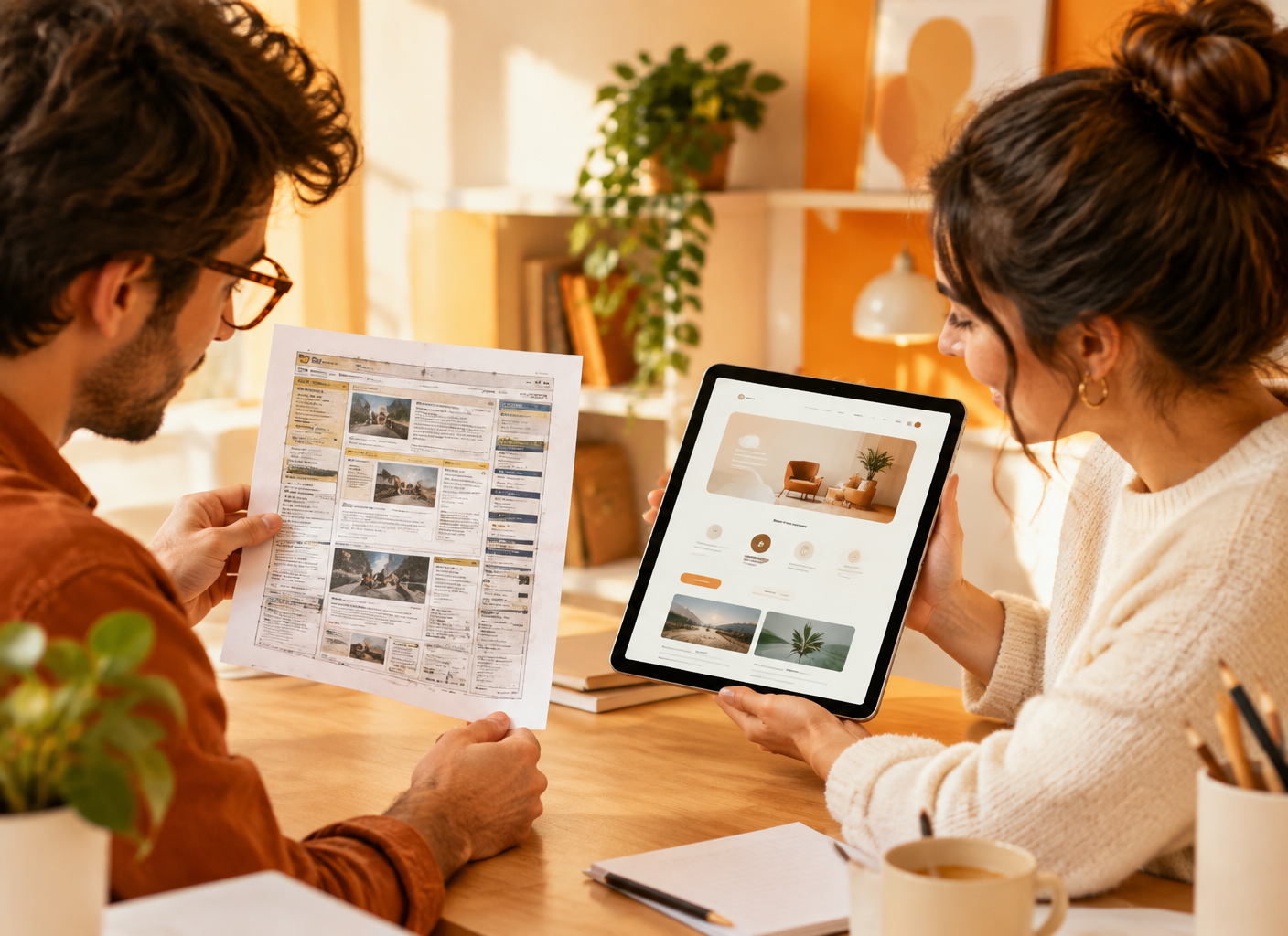 Two people comparing an old website printout with a fresh new design on a tablet
