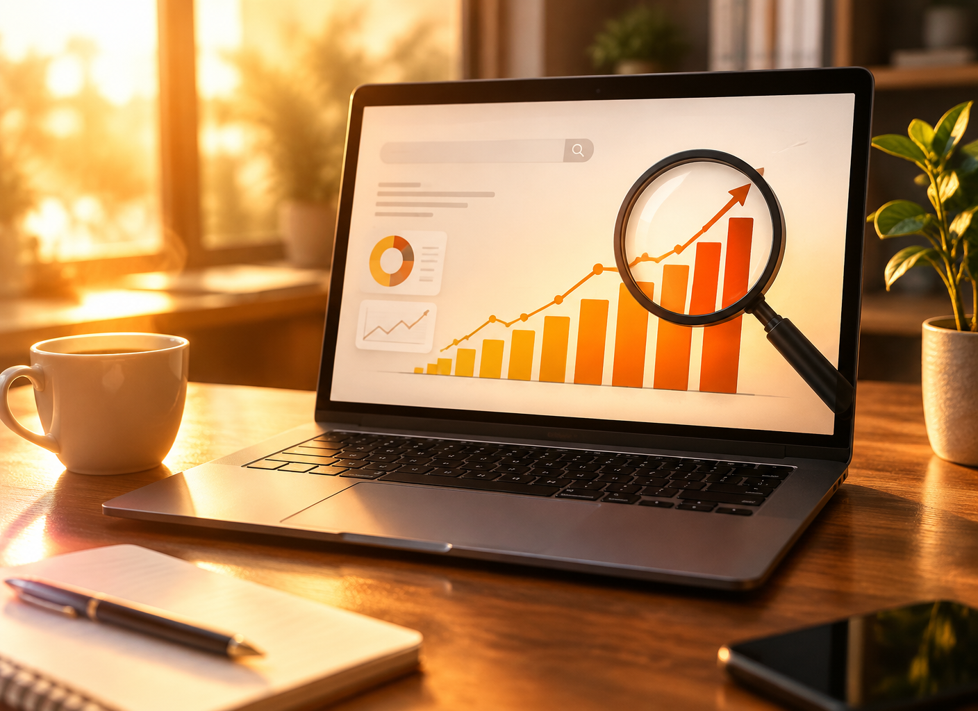 Laptop showing rising analytics charts with a magnifying glass over a growth graph
